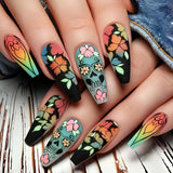 24pcs/Set Matte Floral Skull Press On Nails