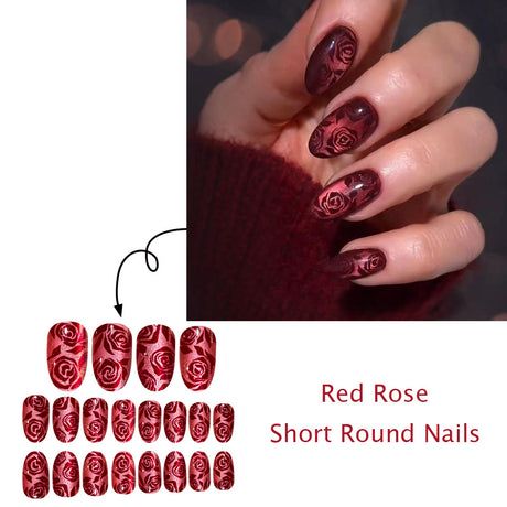 24pcs/Set Burgundy Rose Cat Eye Press On Nails