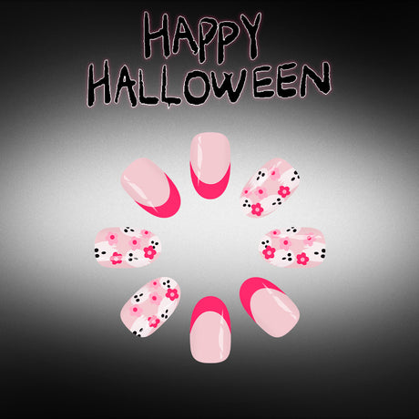 24pcs/Set Hot Pink French Ghost Floral Press-On Nails