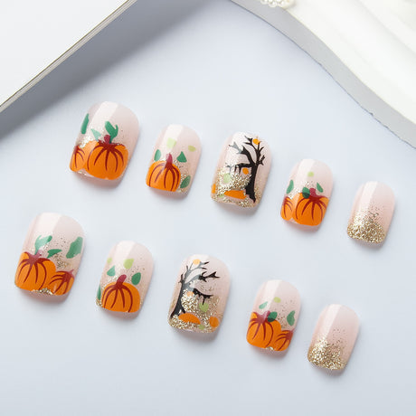 24pcs/Set Autumn Pumpkin & Leaves Press On Nails