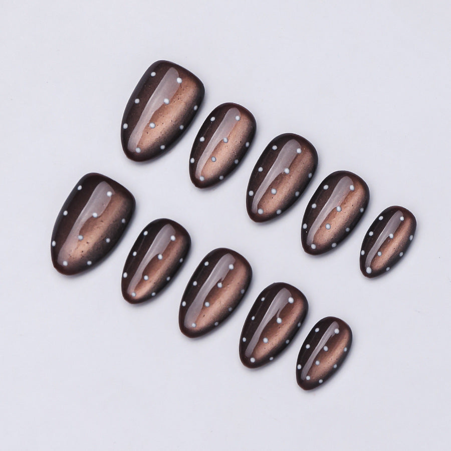 (Handmade) 10pcs/Set Brown Cat Eye Polka Dot Press-On Nails
