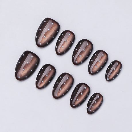 (Handmade) 10pcs/Set Brown Cat Eye Polka Dot Press-On Nails