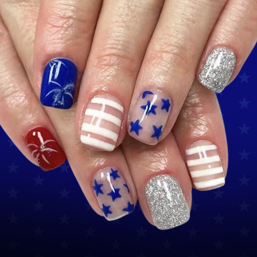 24pcs/Set Striped Glitter Stars & Fireworks Press-On Nails