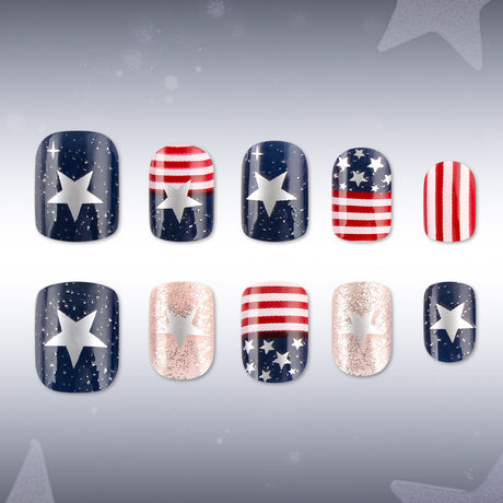 24pcs/Set Blue White Stars and Stripes Glitter Press-On Nails