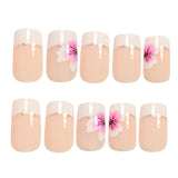 24pcs/Set Color-Block French Tips with Pink Flowers Press-On Nails