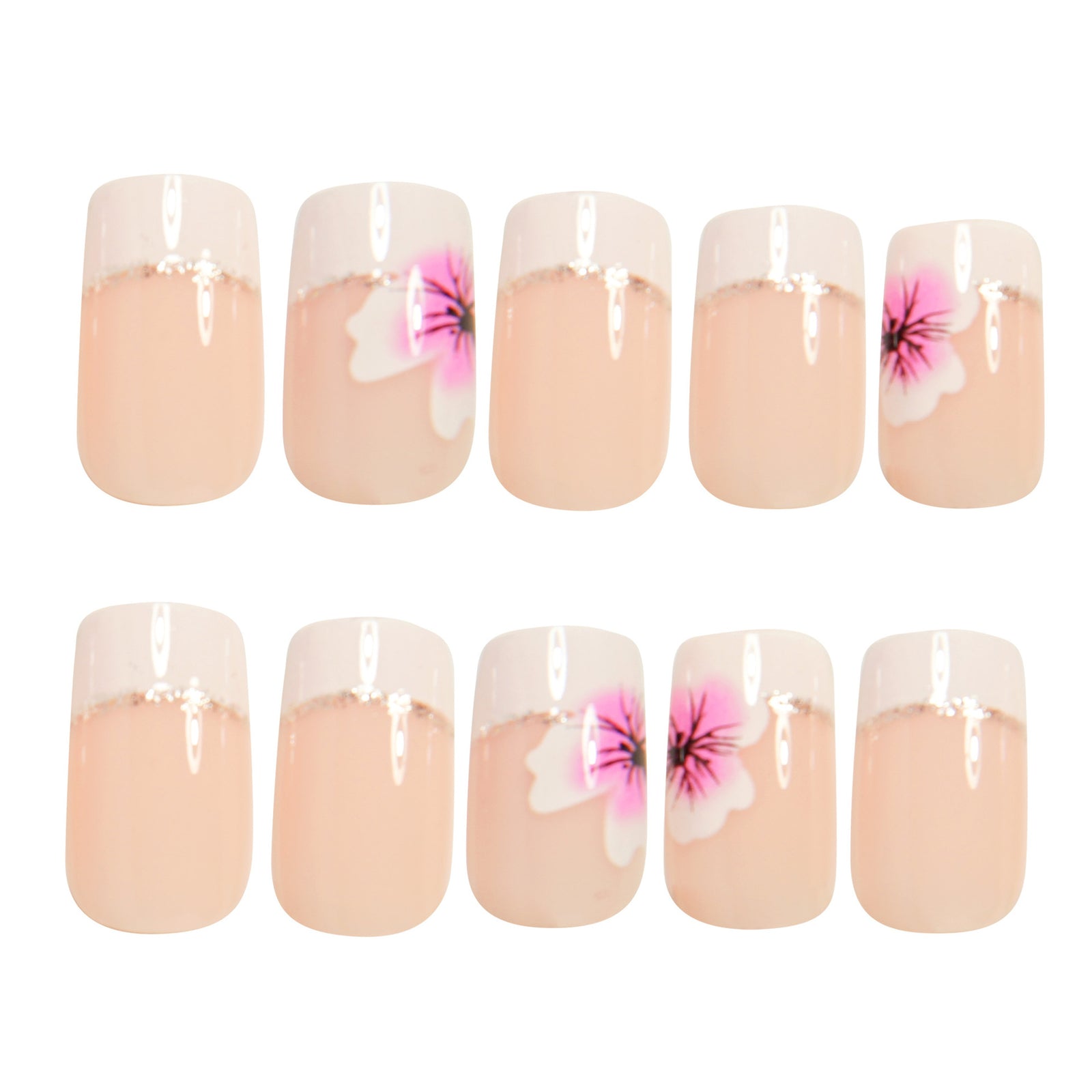 24pcs/Set Color-Block French Tips with Pink Flowers Press-On Nails