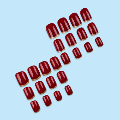 24pcs/Set Burgundy French with Gold Trim Press On Nails