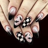 24pcs/Set Black French Tips with Plaid & Bats Press-On Nails
