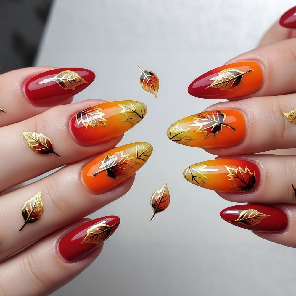 24pcs/Set Red-Orange Gradient Maple Leaves Press On Nails