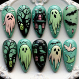 30pcs/Set Ghost, Haunted Castle, Spooky Tree & Bats Press On Nails