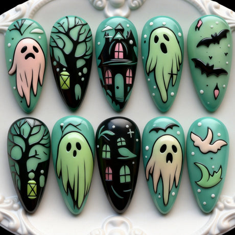 30pcs/Set Ghost, Haunted Castle, Spooky Tree & Bats Press On Nails