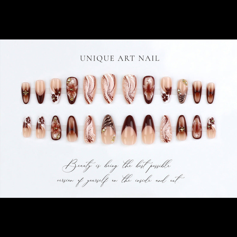 24pcs/Set French Tip Gold Foil 3D Floral Press-On Nails