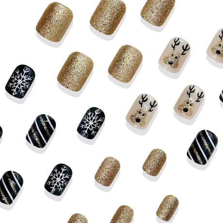 24pcs/Set Black & Gold Reindeer Snowflakes Press On Nails