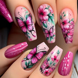 24pcs/Set Pink Butterfly Floral Press-On Nails