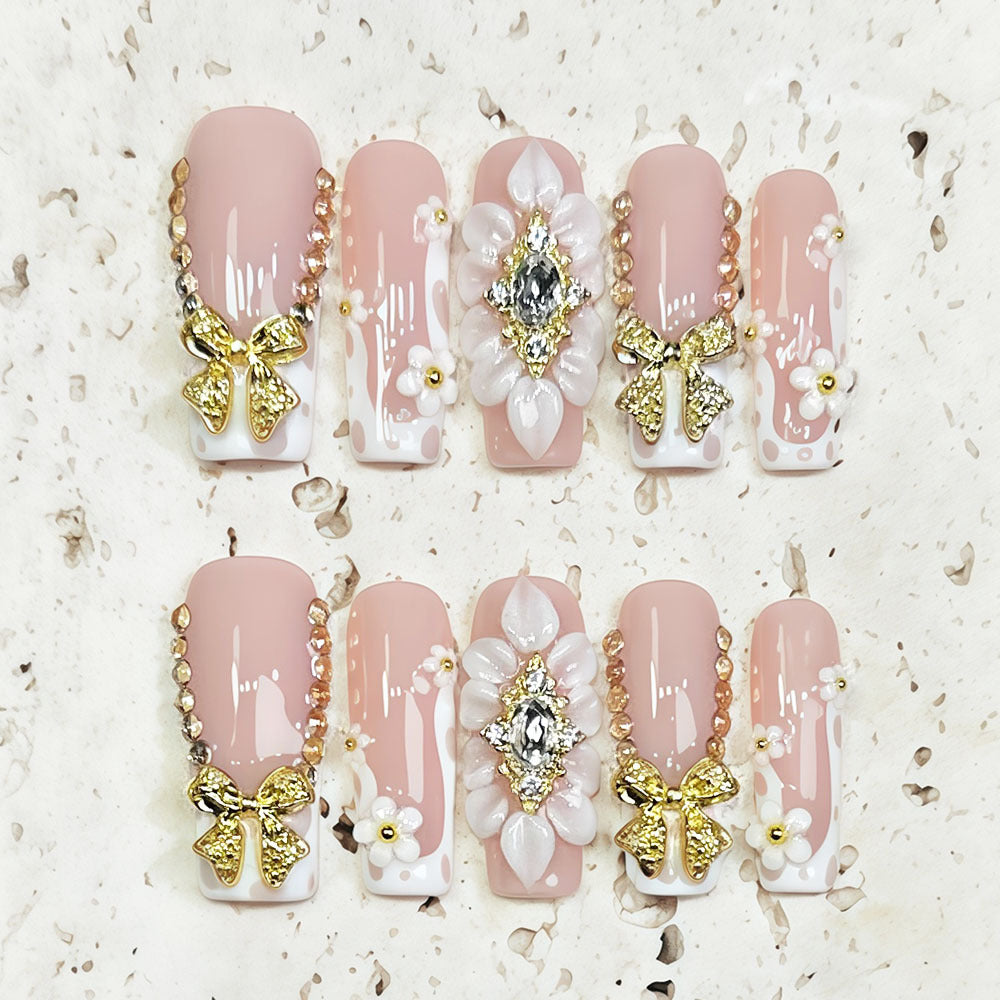 (Handmade) 10pcs/Set French Tip 3D Butterfly Full Rhinestone Press-On Nails
