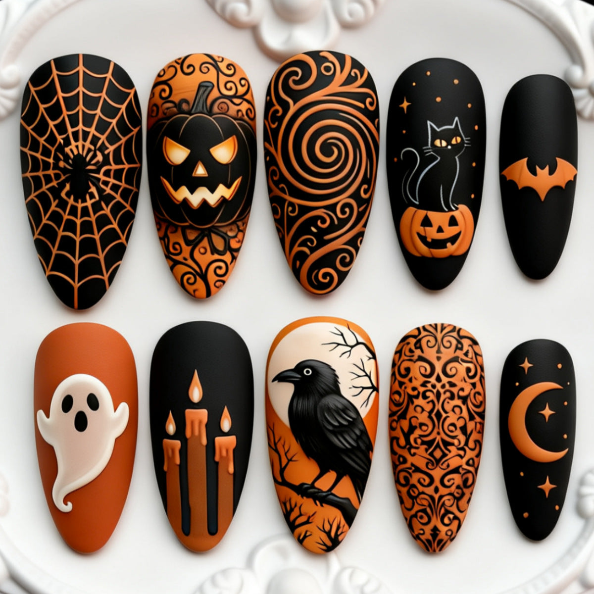 30pcs/Set Ghost, Raven, Black Cat & Pumpkin Press On Nails