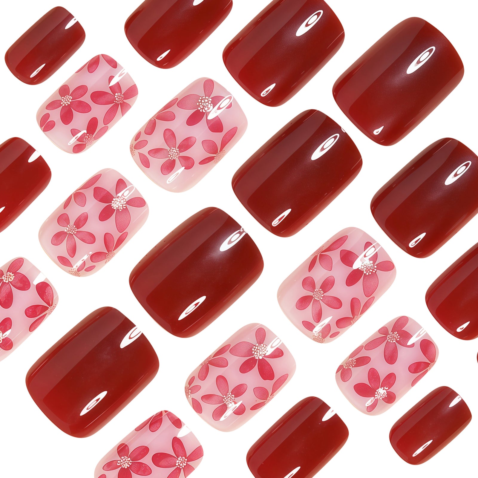 24pcs/Set Burgundy Floral Press-On Nails