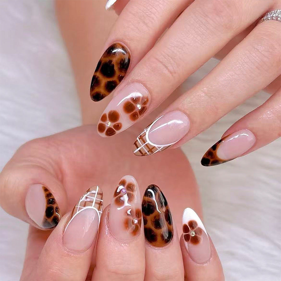 24pcs/Set Leopard Print Floral French Press On Nails