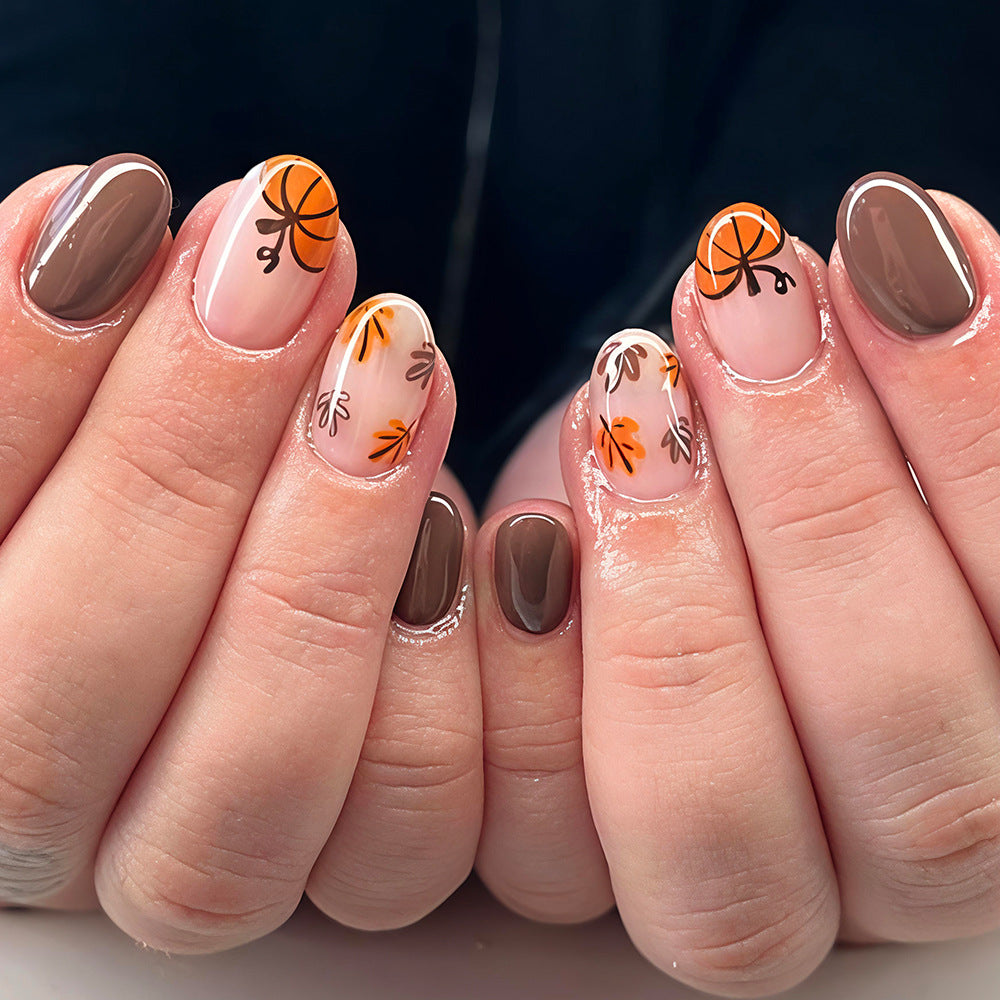 24pcs/Set Maple Leaf Pumpkin Brown Press On Nails