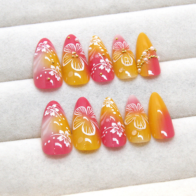 24pcs/Set Pink & Orange Ombre 3D Flower Press-On Nails