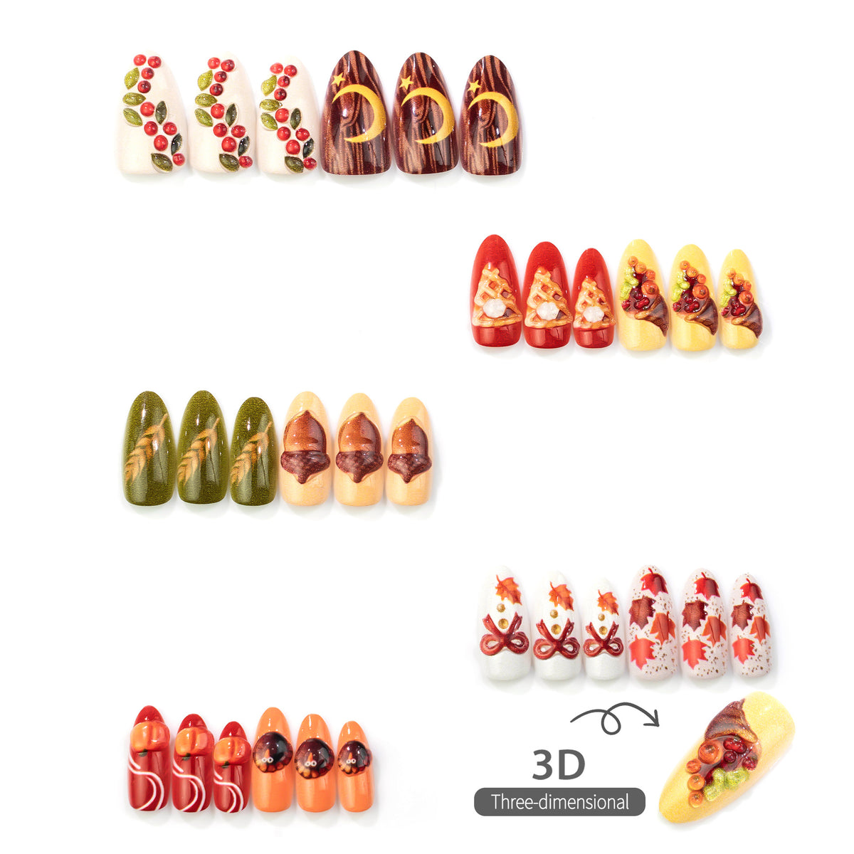 30pcs/Set 3D Turkey Pumpkin Press On Nails