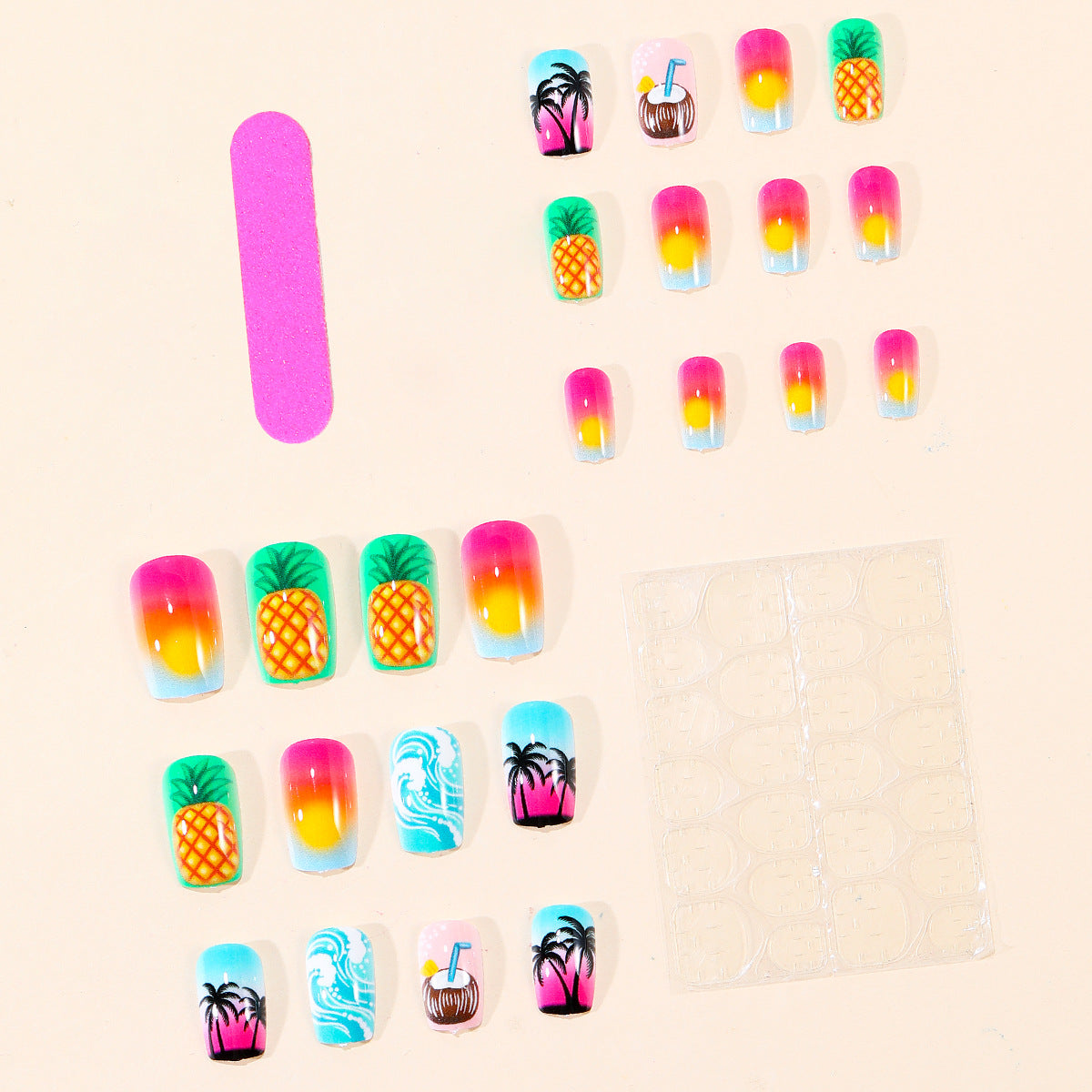 24pcs/Set Beach Sunset Gradient with Palm Trees & Pineapple Press-On Nails