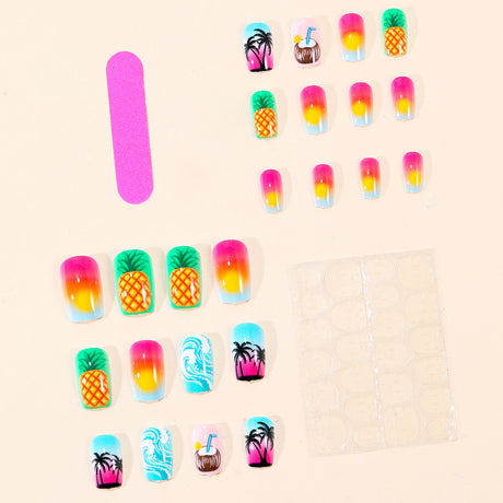 24pcs/Set Beach Sunset Gradient with Palm Trees & Pineapple Press-On Nails