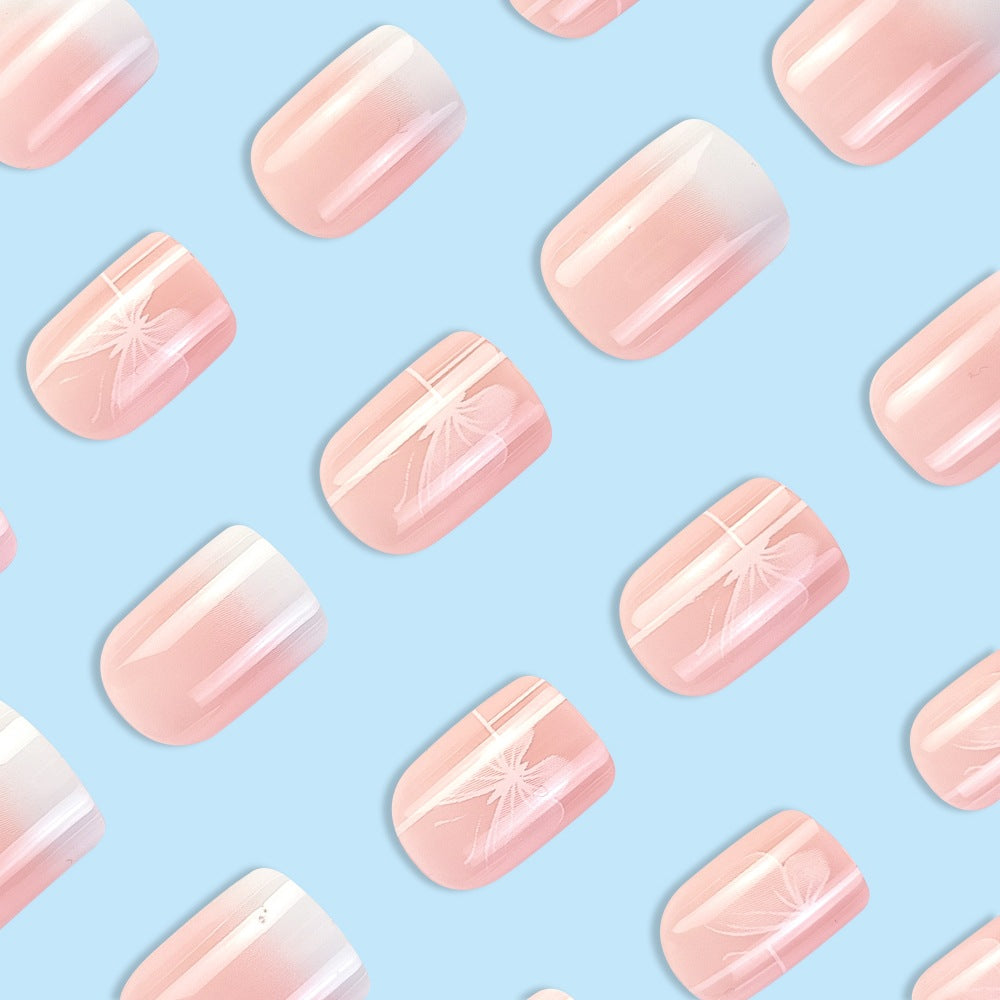 24pcs/Set Nude Pink Ombre with White Butterflies Press-On Nails