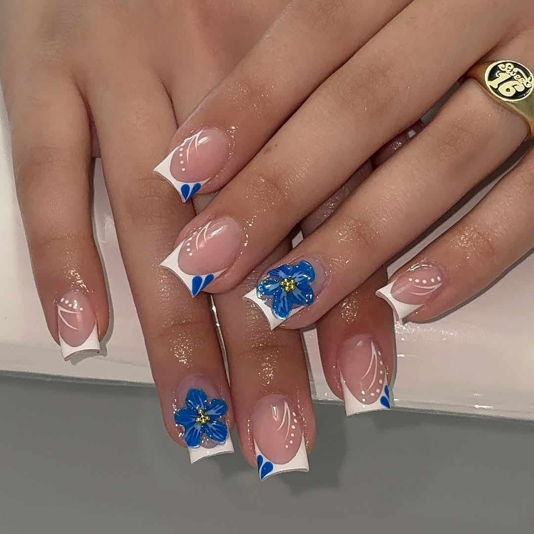 (Handmade) 10pcs/Set 3D Blue Flower Press-On Nails