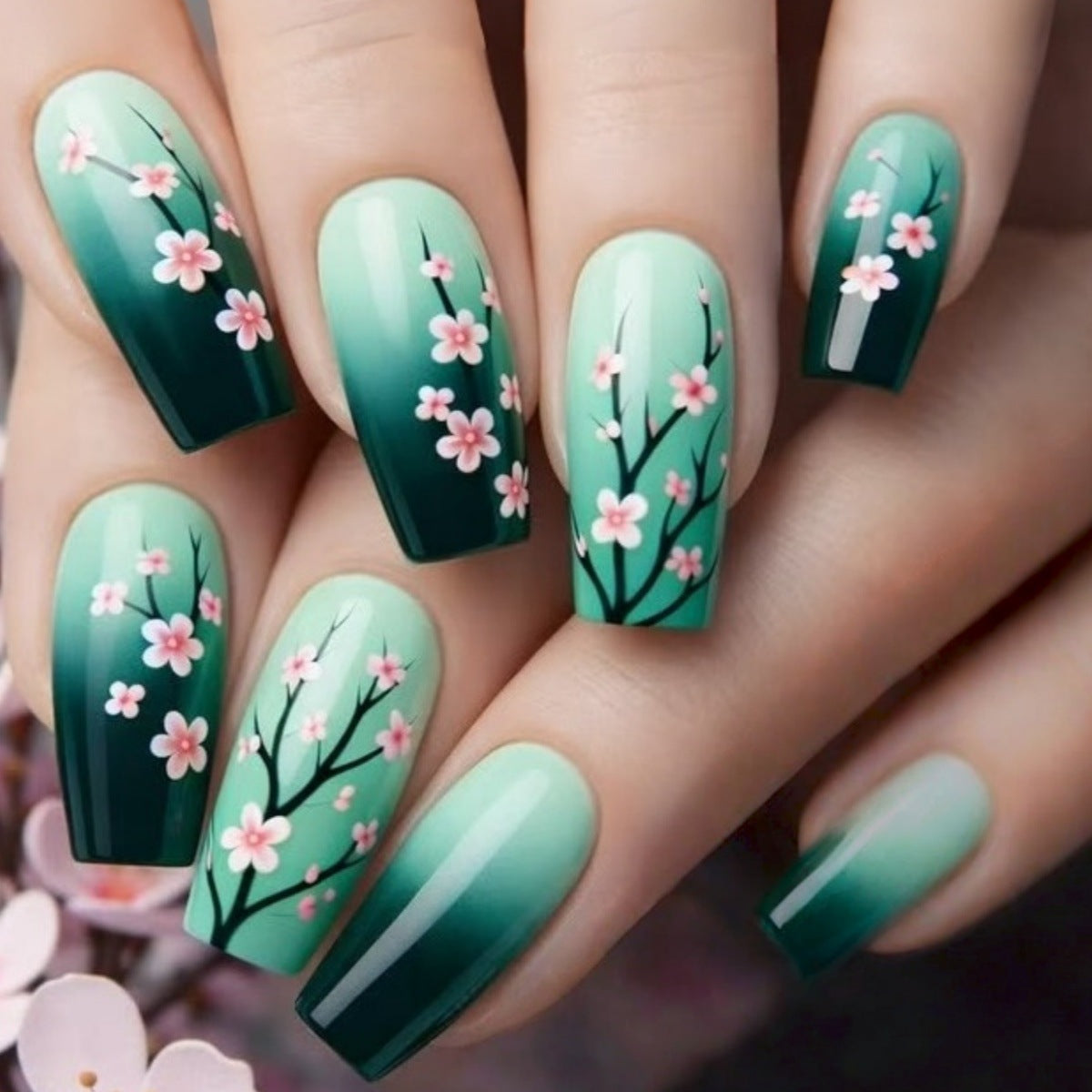 24pcs/Set Teal Green Gradient Peach Blossom Press-On Nails