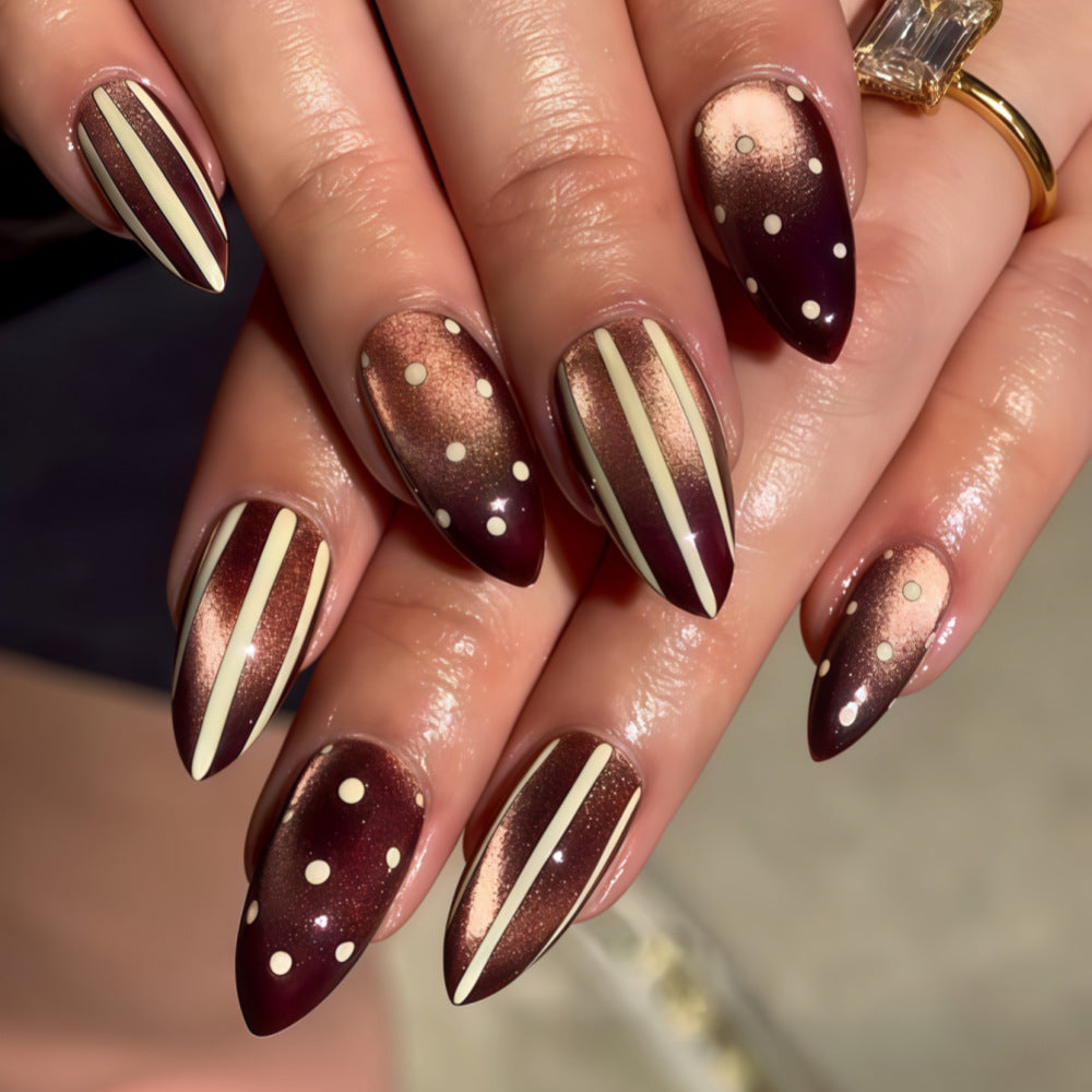 24pcs/Set Brown Cat Eye with Polka Dots & Stripes Press-On Nails