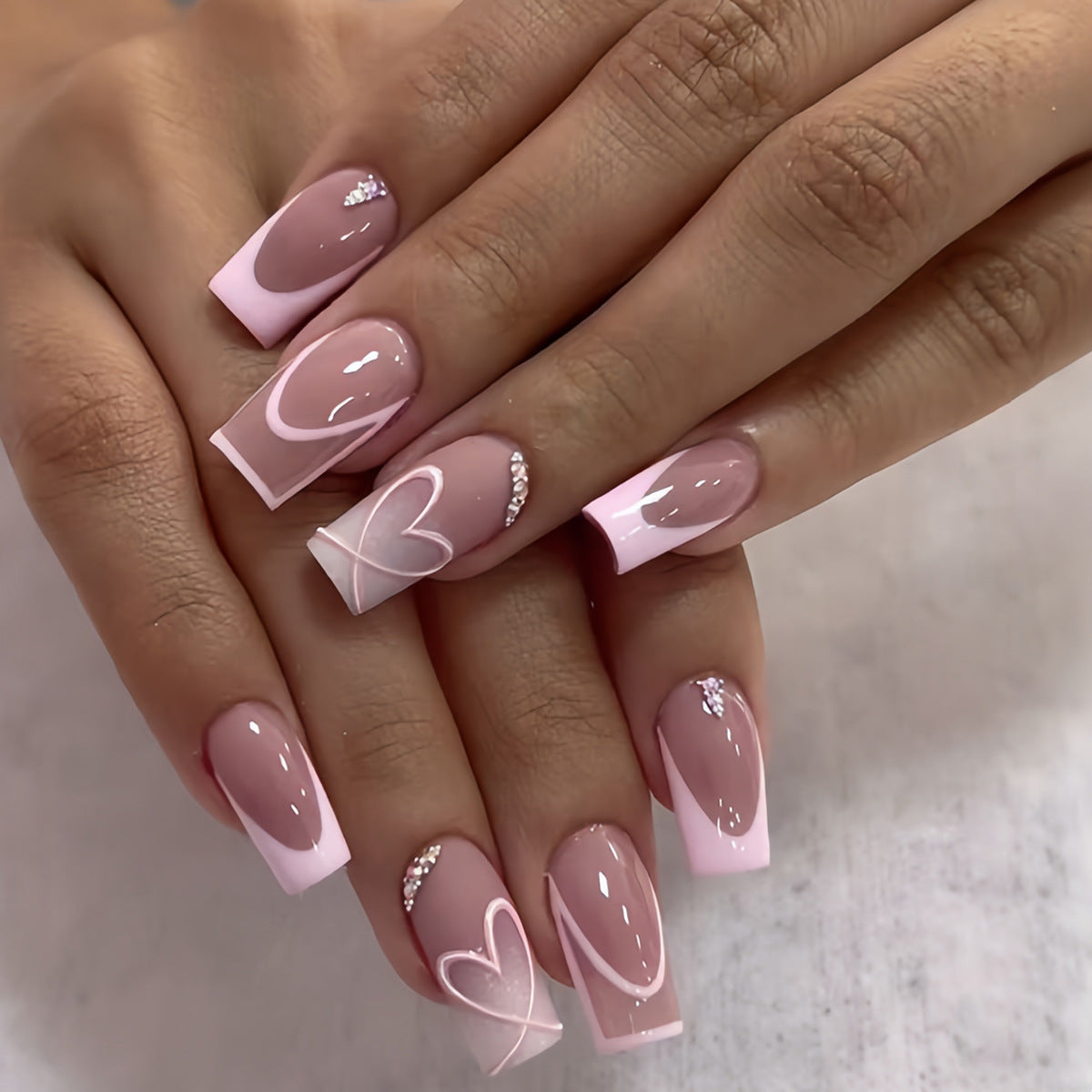 24pcs/Set Pink French Tips with Hearts Press-On Nails