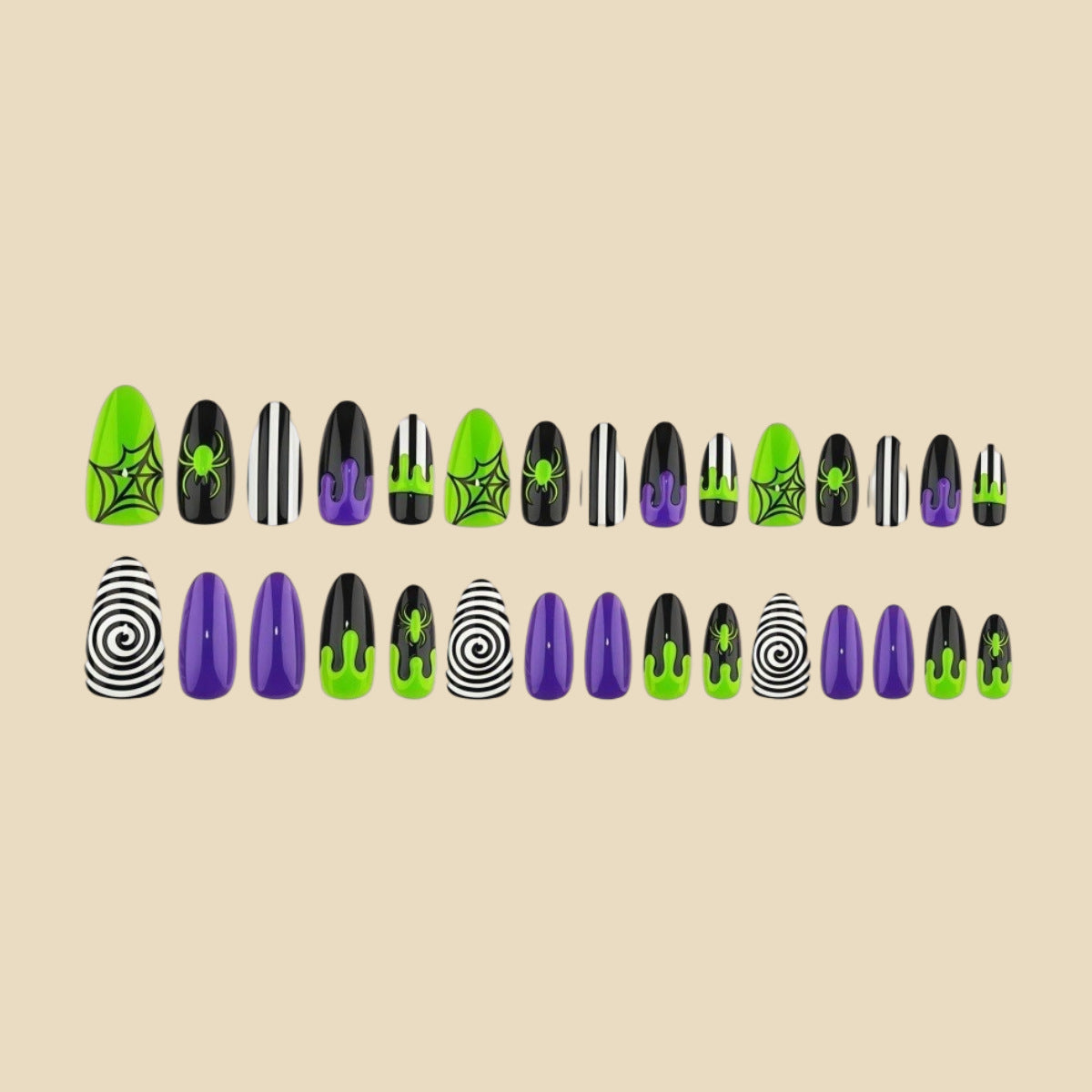30pcs/Set Neon Green Halloween Spider Press On Nails