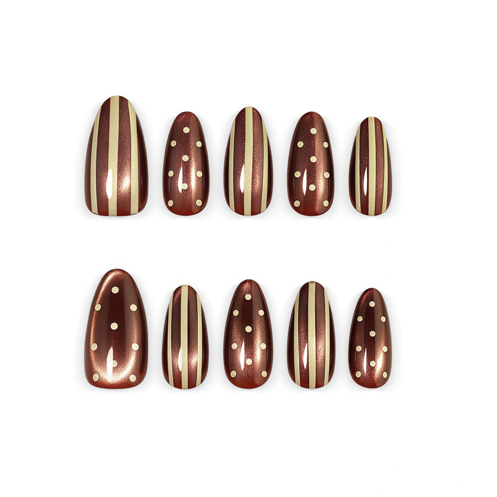 24pcs/Set Brown Cat Eye with Polka Dots & Stripes Press-On Nails
