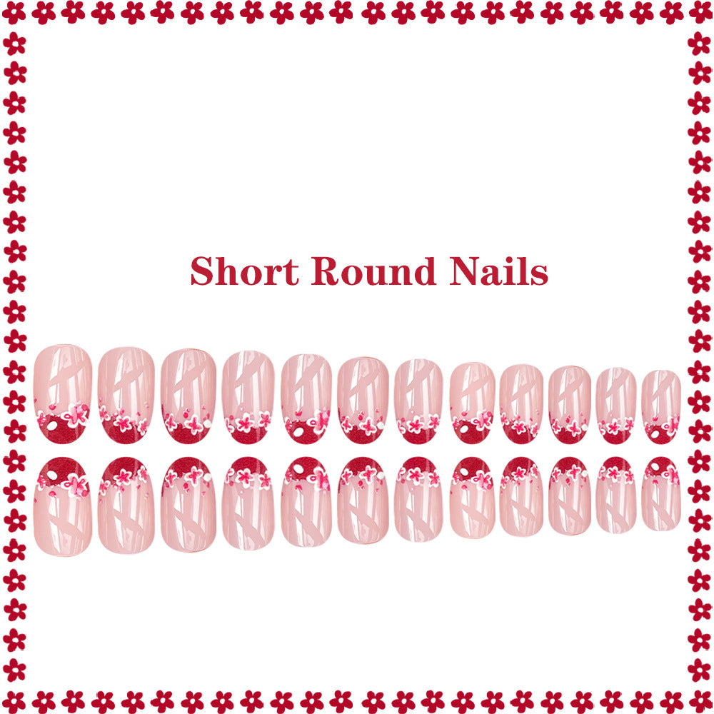 24pcs/Set Red Flower French Press On Nails