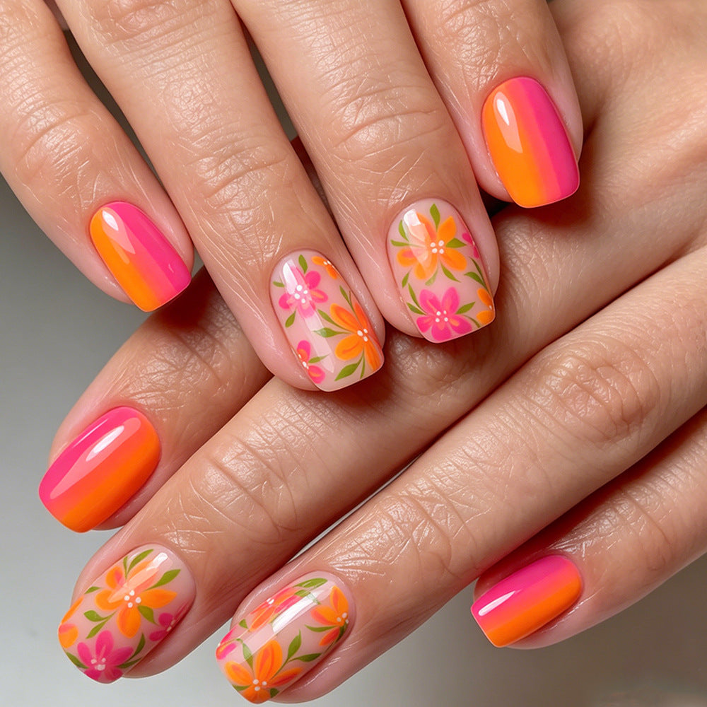 24pcs/Set Orange & Pink Floral Press-On Nails