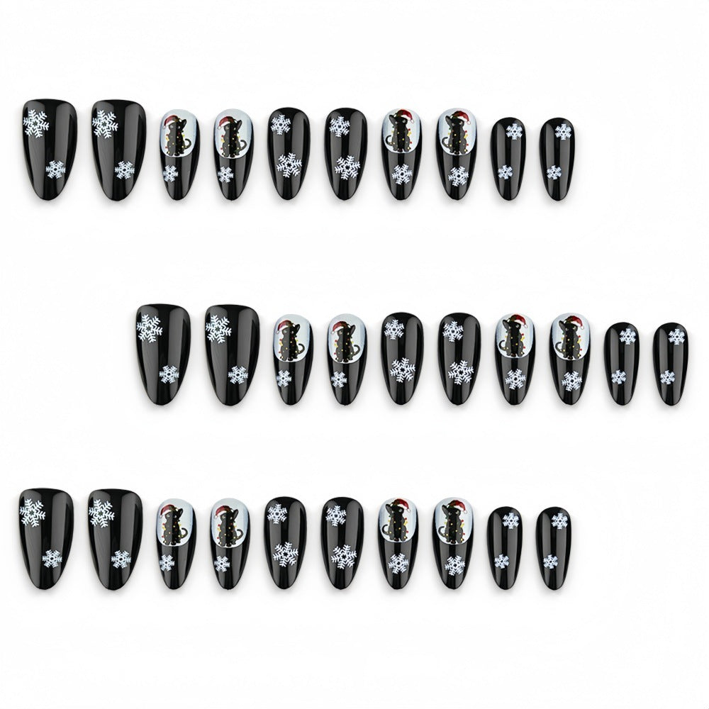 30pcs/Set Black Cat & Snowflakes Press On Nails