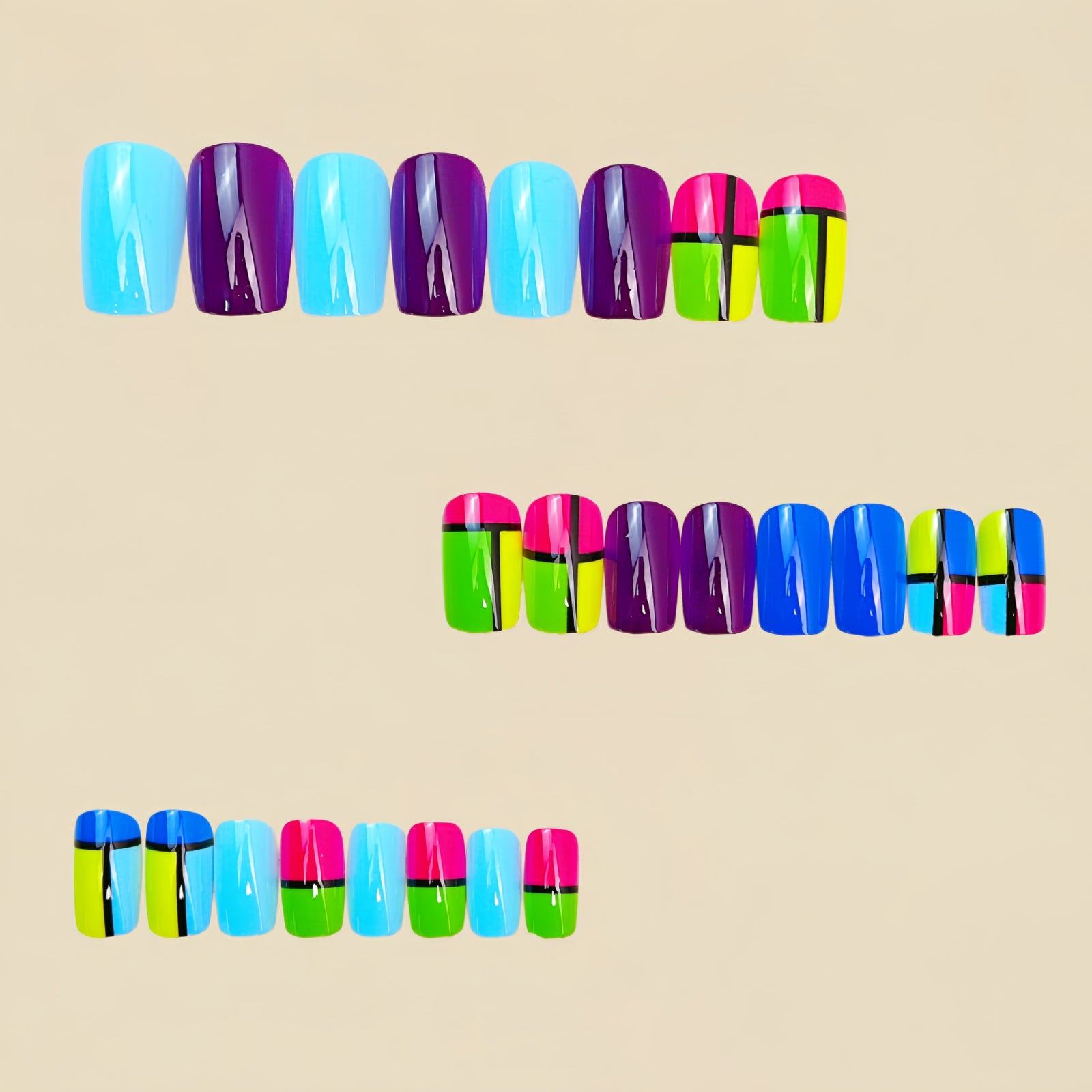 24pcs/Set Color Block Geometric Lines Press-On Nails