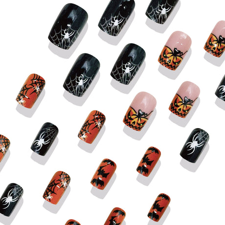 24pcs/Set Black & White Spiderweb Pumpkin French Tips Press On Nails