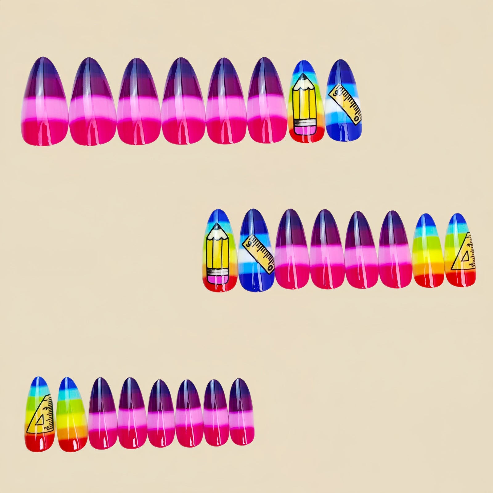 24pcs/Set Rainbow Striped Gradient Stationery Press-On Nails