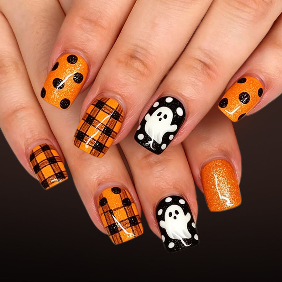 24pcs/Set Black Plaid, Polka Dots & Ghosts Press-On Nails