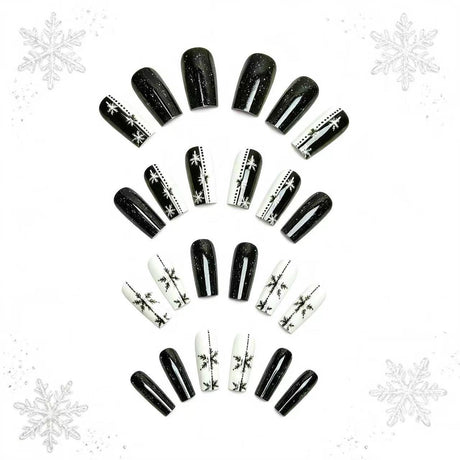24pcs/Set Black & White Colorblock Snowflakes Press-On Nails