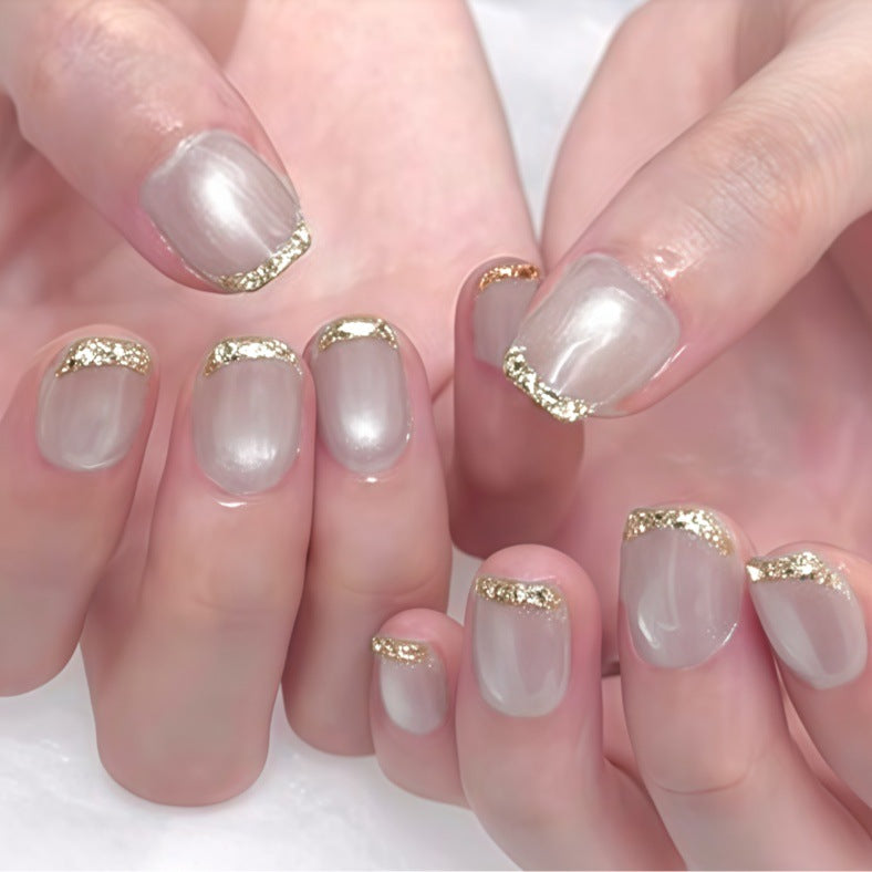 24pcs/Set Silver Edge White Cat Eye Press On Nails