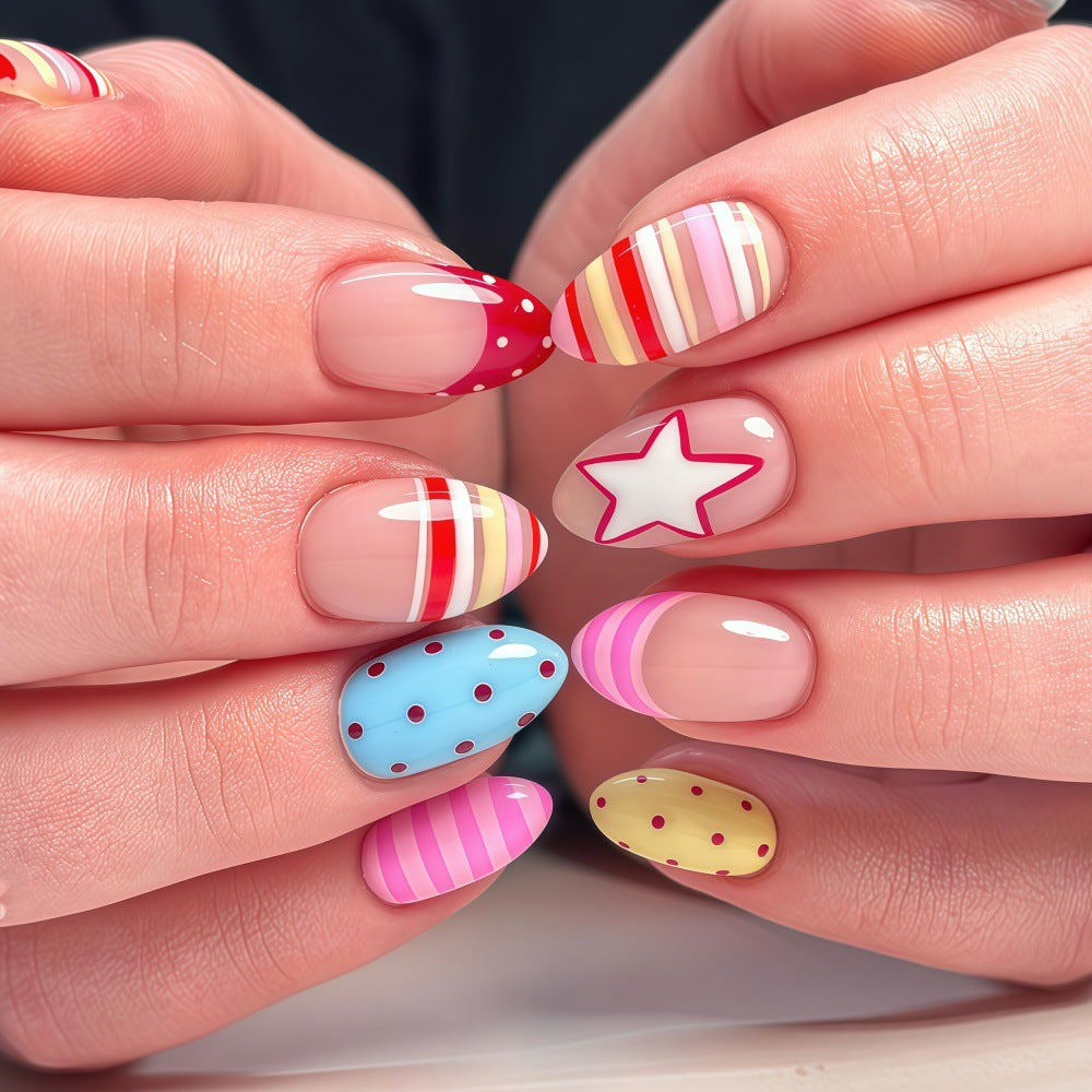 24pcs/Set Striped Polka Dot Star French Press On Nails