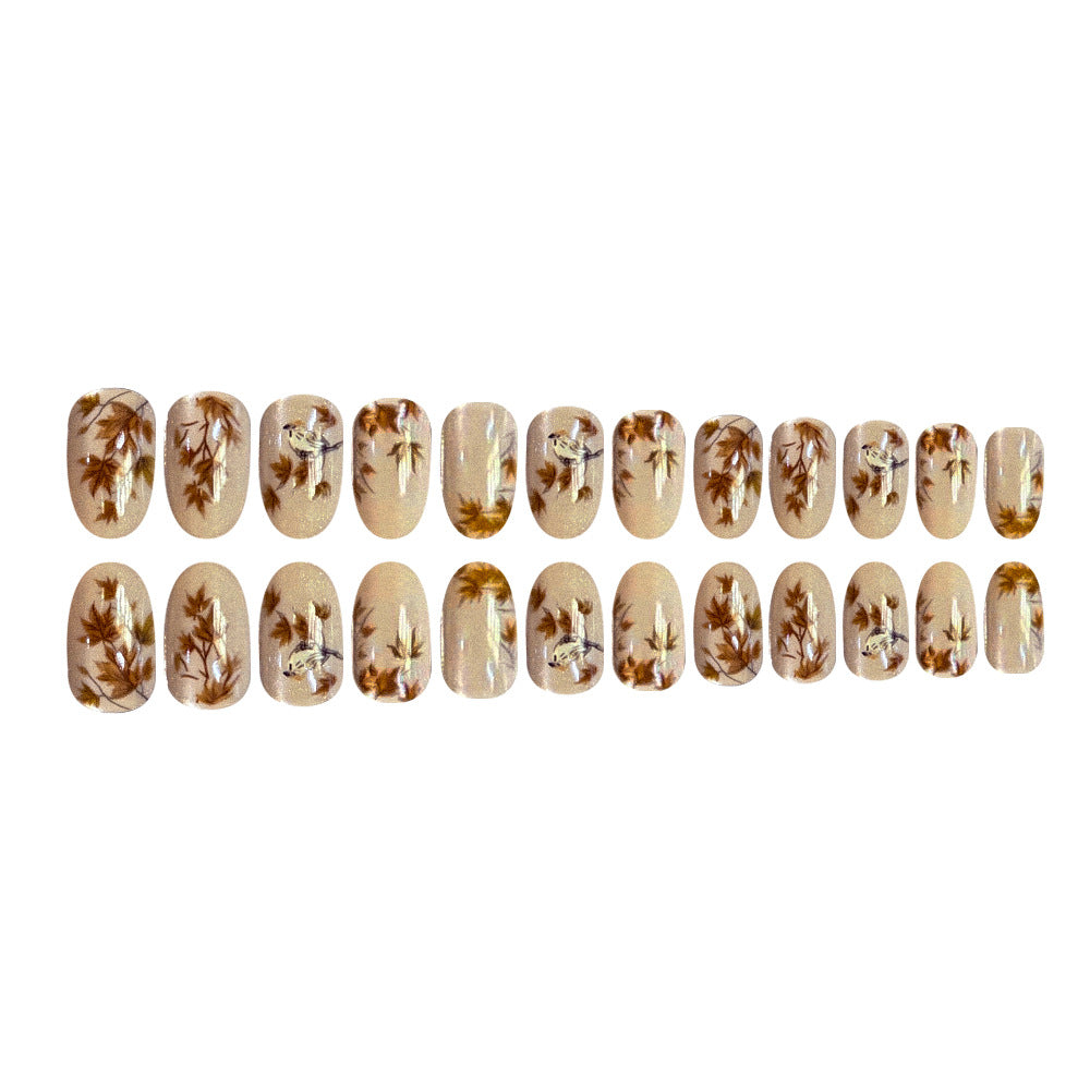 24pcs/Set Ink-Wash Maple Leaf & Bird Press On Nails