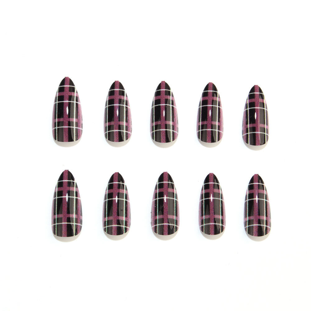 24pcs/Set Black & Pink Plaid Press On Nails