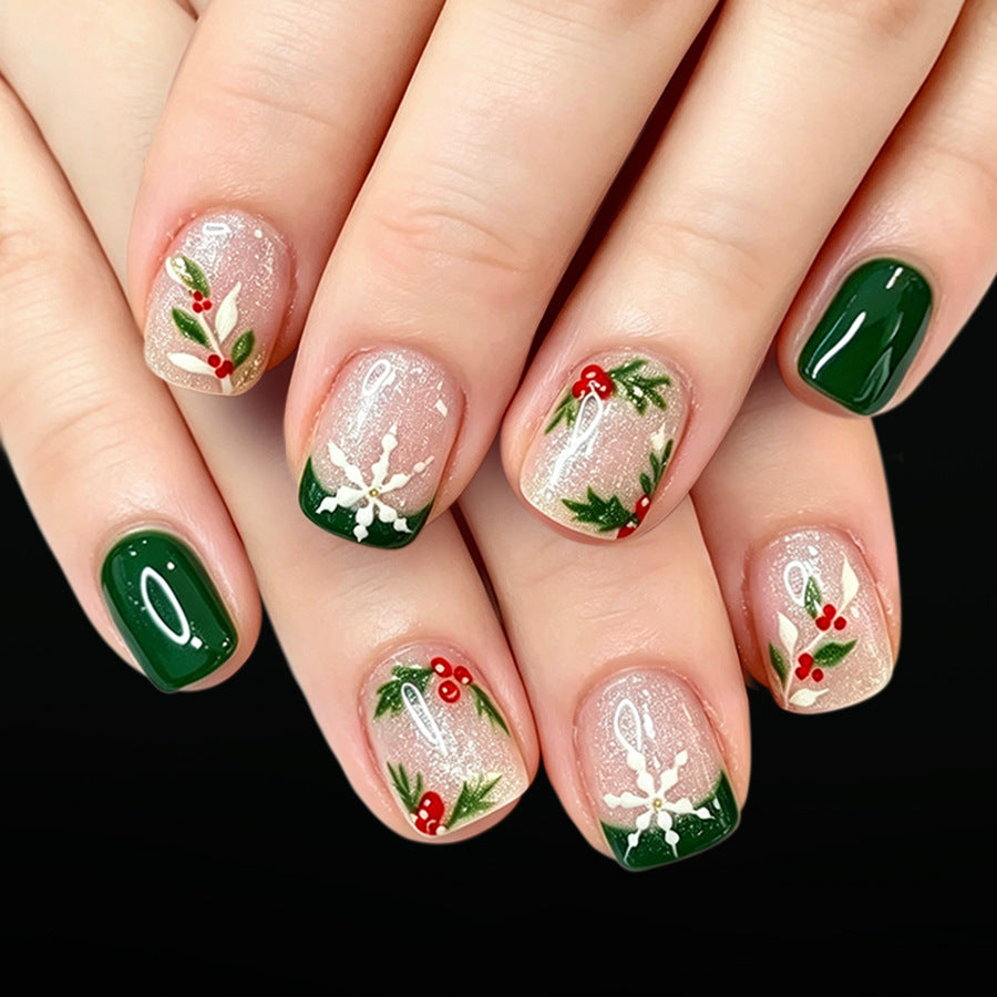 24pcs/Set White Snowflakes & Glitter Green French Press On Nails