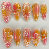 24pcs/Set Pink & Orange Ombre 3D Flower Press-On Nails