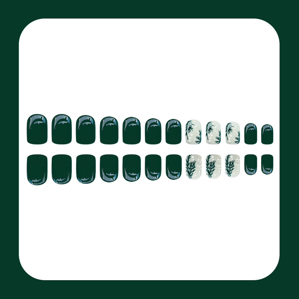 24pcs/Set Dark Green Snowflakes & Foliage Press-On Nails