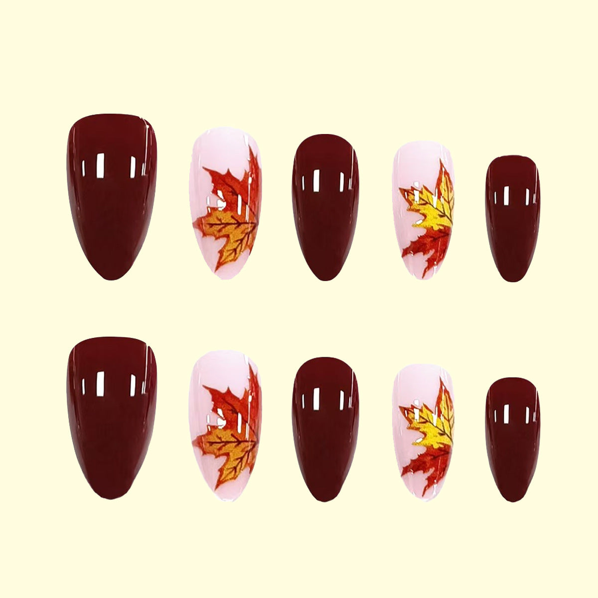 24pcs/Set Burgundy Maple Leaves Press-On Nails